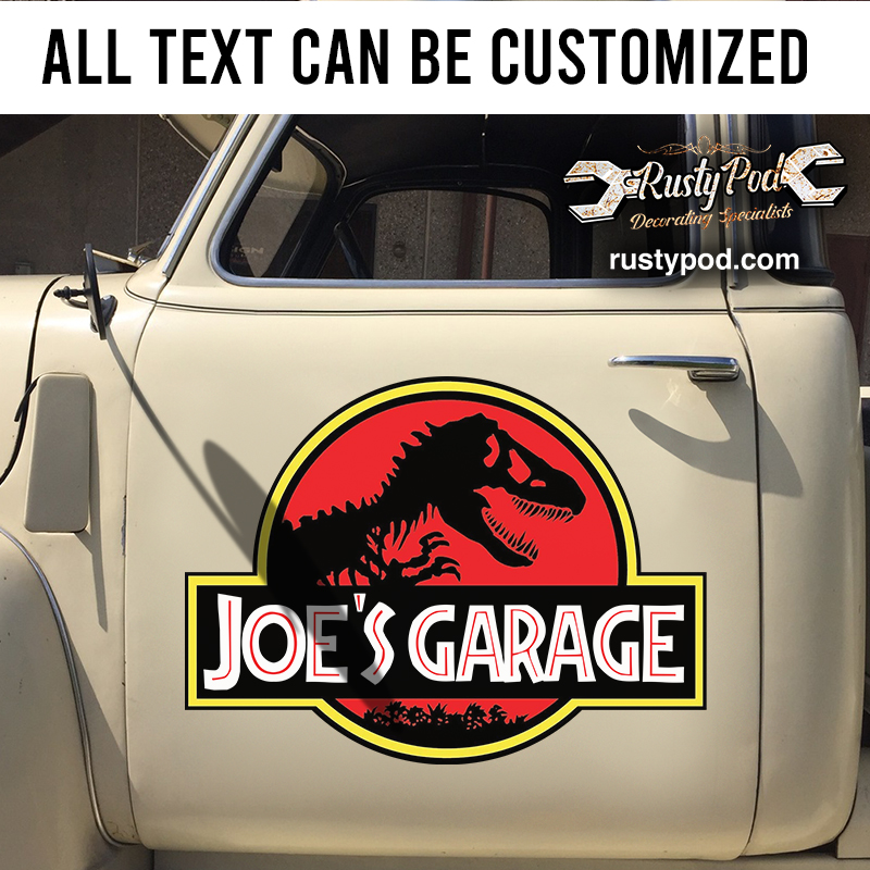 personalized jurassic park garage lettering vinyl sticker 10850